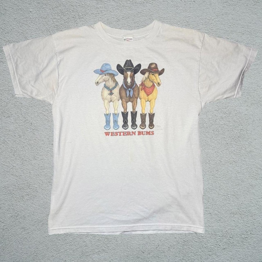 Vintage 90s Western Bums Horse Graphic T-Shirt White Mens Large Fruit of Loom